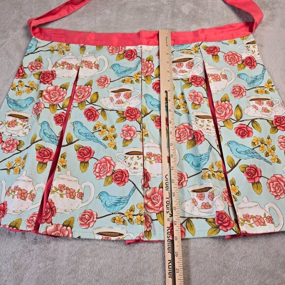 Ritz Apron Half Bluebird Rose Teapot Print Aqua Pink Vintage Cottagecore Kitchen - Picture 6 of 11